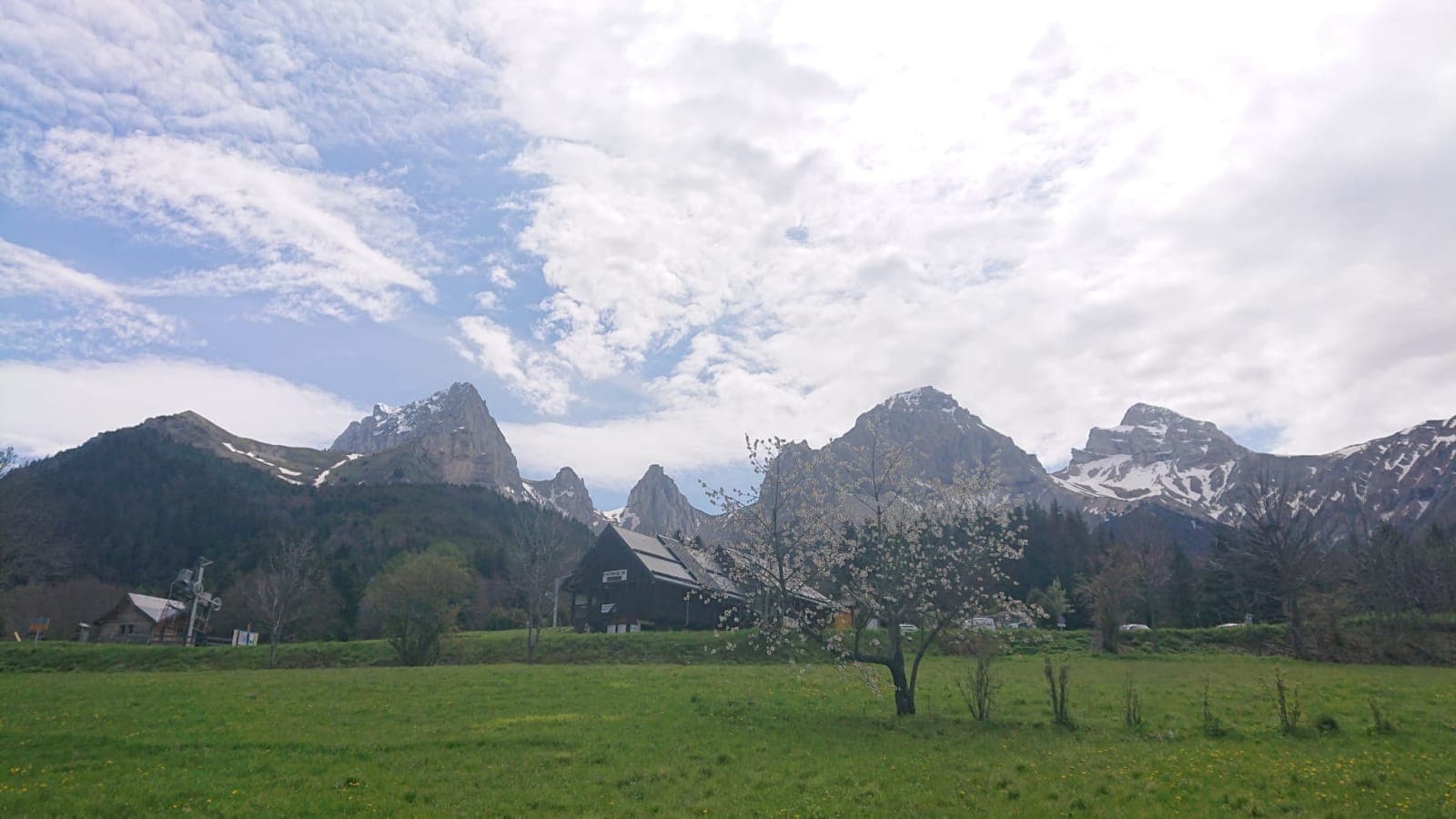 La station de la Jarjatte au printemps, un cerisier en fleur devant les sommets enneigés